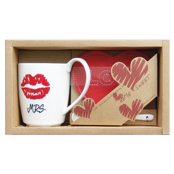 Set mug + Ceramic spoon + Coasters heart "mrs."