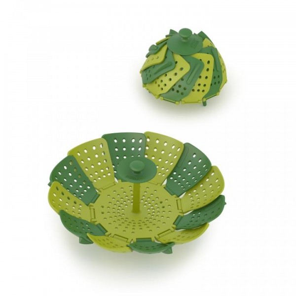 Green folding, non scratch steamer basket