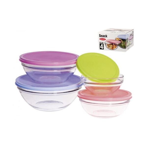 Set 4 bowls cristal con tapas de colores