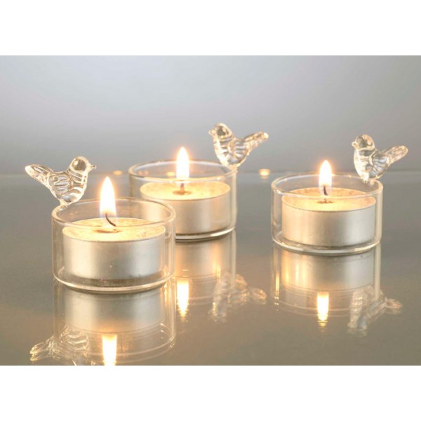 Tea light vidrio con pajaro 7xh5cm