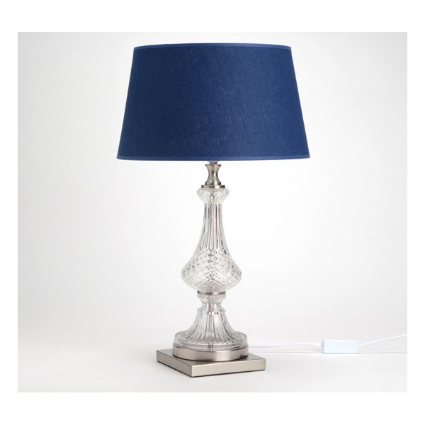 Lámpara mesa pie vidrio tallado y metal con pantalla azul noche Ø35x60h cm