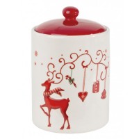 Bote con tapa navideño cerámico crema y rojo reno 10,7x16,20h cm