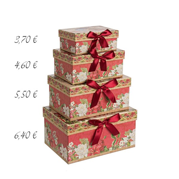 Caja cartón roja estampado navideño flores y lazo 23x16x12h cm