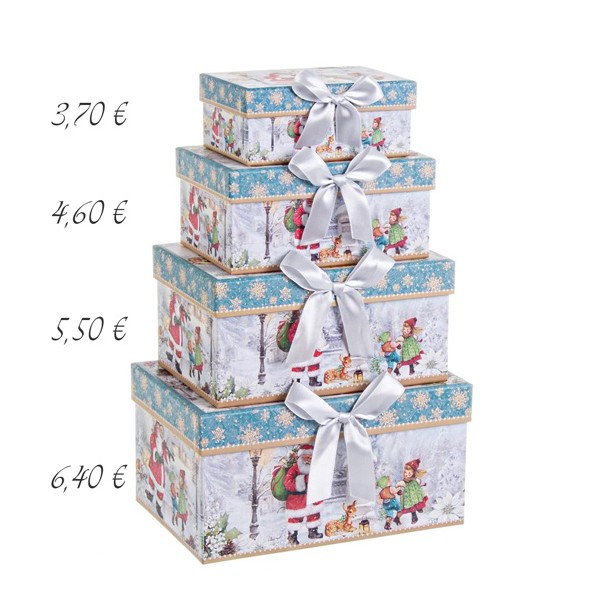 Caja cartón azul y blanca estampado navideño Papa Noel y lazo 17x12x8h cm