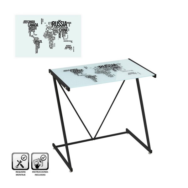 Mesa escritorio cristal templado estampado Countries World blanco y negro 80x50x79cm