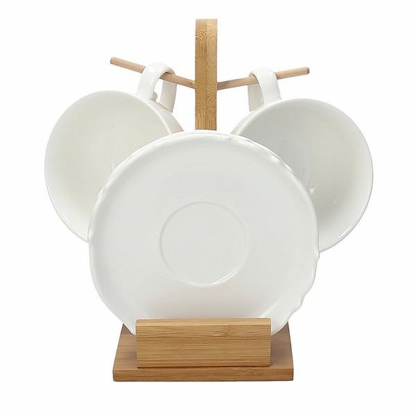 Set 2 tazas desayuno con plato y asa porcelana fina blanca con soporte madera Kalika