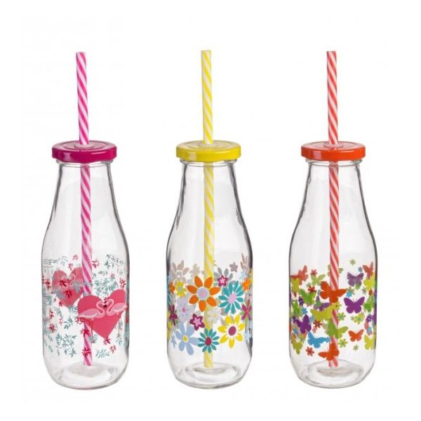Botella vidrio con tapa y pajita 3 estampados rosa, amarillo o naranja 400ml