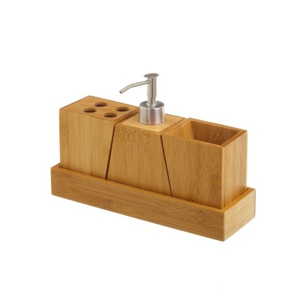 Set baño en madera bambú 4 piezas: dispensador jabón, vaso, vaso cepillos y bandeja