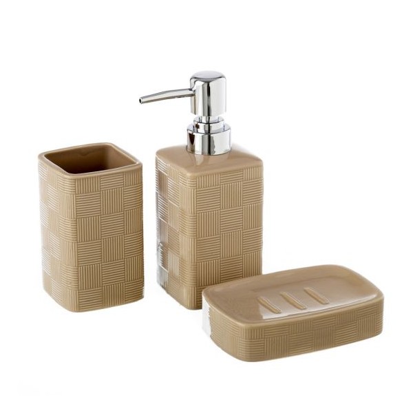 Set baño 3 piezas cerámicas beige cuadrados rayas: dispensador jabón, portacepillos y jabonera