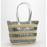 Bolso playa de paja y lentejuelas plata 45x15x33h cm