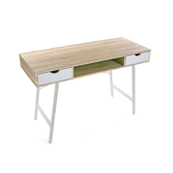 Mesa escritorio mdf color madera 2 cajones y patas en blanco 120x48x76h cm