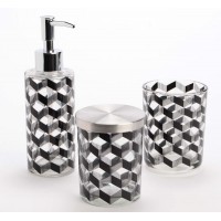 Set 3 piezas accesorios baño crista con dibujo geométrico negro