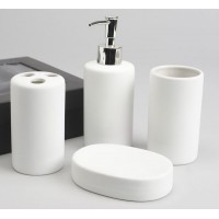 Set baño cerámico 4 piezas liso blanco: dispensador jabón, vaso, vaso cepillos y jabonera