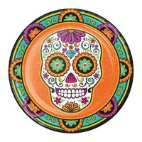 Platos papel redondos 23cm 8 unidades Calavera Mexicana decorada Día de los Muertos