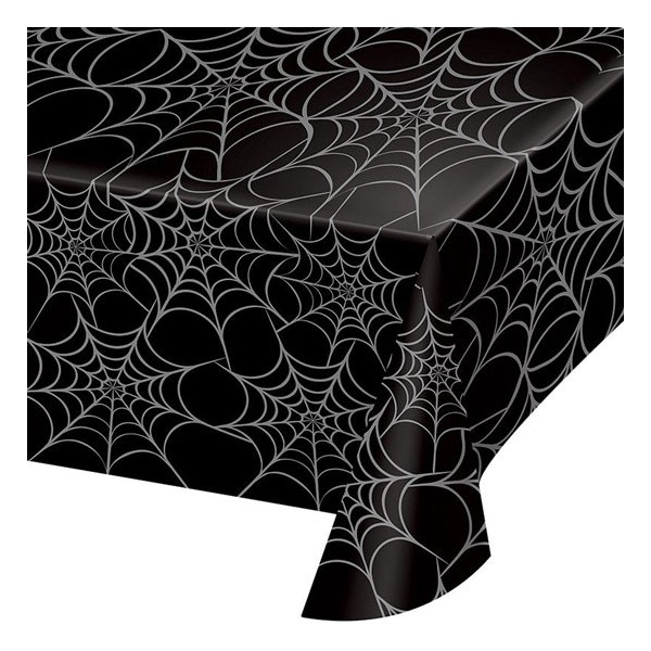 Mantel plástico negro con estampado telas de araña Halloween 274x137cm