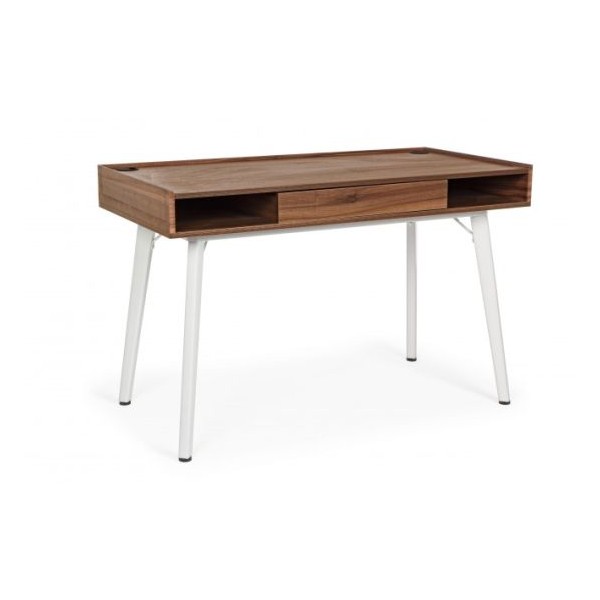 Mesa despacho con estructura de metal en blanco, tablero con cajón en dm revestido papel melamina efecto 3d madera oscura. Este 