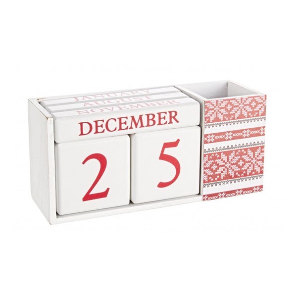 Calendario madera blanco y rojo copos de nieve 18,5x6,5x8,50h cm