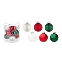 Set 12 bolas árbol de Navidad de cristal en brillo y mate colores blanco, rojo y verde 6 cm