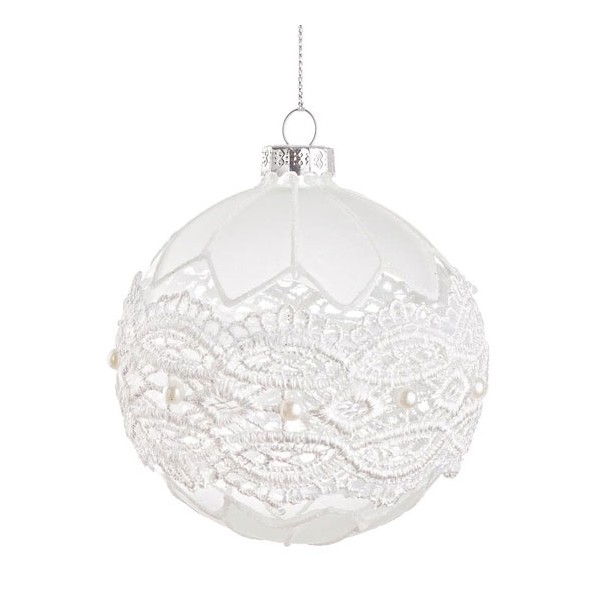 Bola árbol de Navidad cristal blanco decoración encaje y perlas Burano 8cm