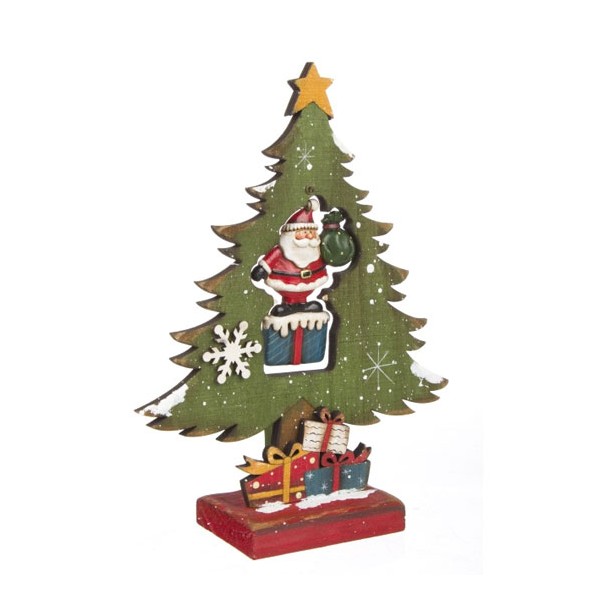 Figura navideña madera forma Pino con Papa Noel colores 17,5x6x22h cm