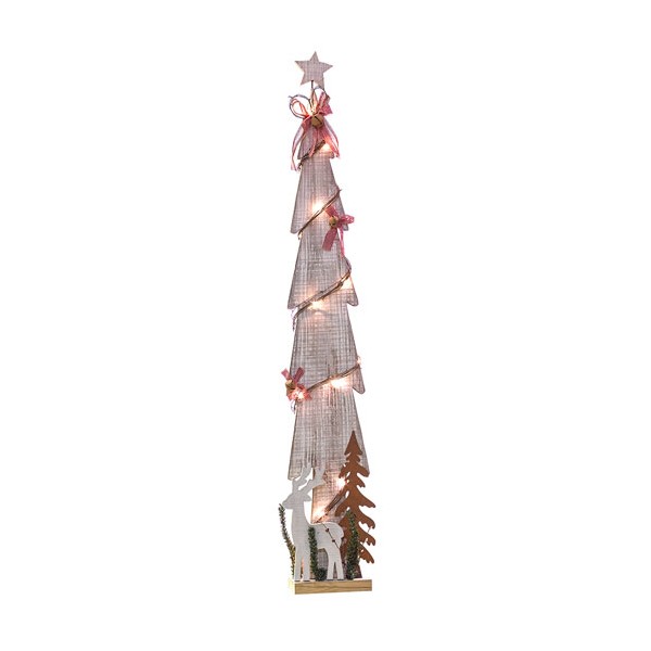 Árbol Navidad madera blanco con cascabeles y reno con luces led 20x11x138h cm