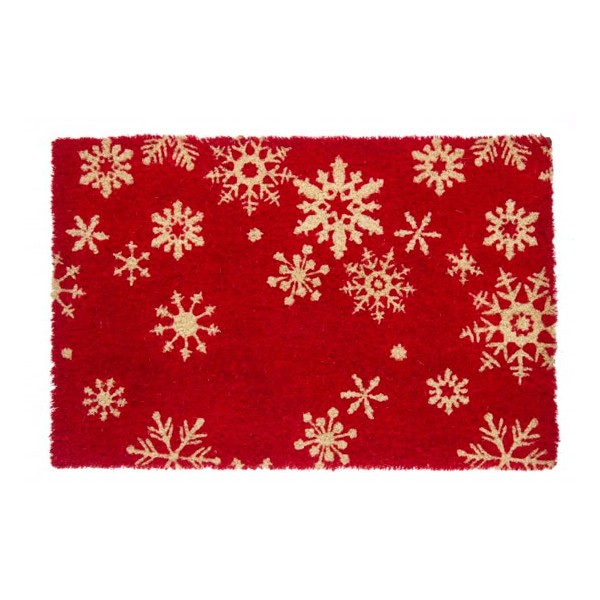 Felpudo rectangular navideño fibra de coco rojo con copos de nieve 60x40 cm