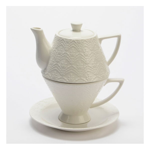 Tea for one con plato porcelana blanca dibujo arabesco Plaza 225ml + 360ml