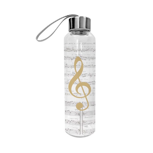 Botella de vidrio de borosilicato estampado I Love Music real gold con tapón y asa 550ml