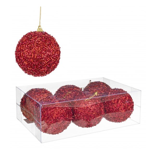 Set 6 bolas árbol de Navidad rojas con abalorios fucsia relieve 8 cm