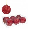 Set 6 bolas árbol de Navidad rojas con abalorios fucsia relieve 8 cm