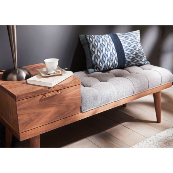 Mueble bajo banqueta madera nogal con patas,1 cajón y cojín con capitoné gris 116x40x50h cm