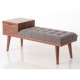 Mueble bajo banqueta madera nogal con patas,1 cajón y cojín con capitoné gris 116x40x50h cm