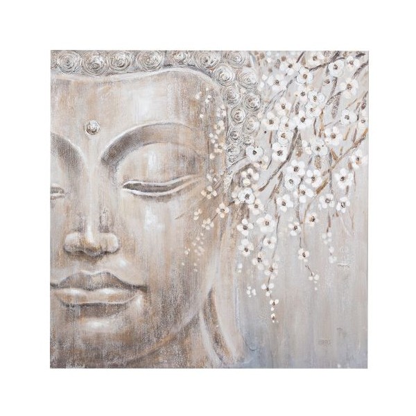 Lienzo cuadro cara Buda y rama cerezo con flores en relieve 100x100 cm