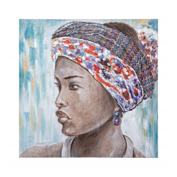 Cuadro lienzo oleo mujer africana aplicaciones tela colores Village GBR133 100x100 cm