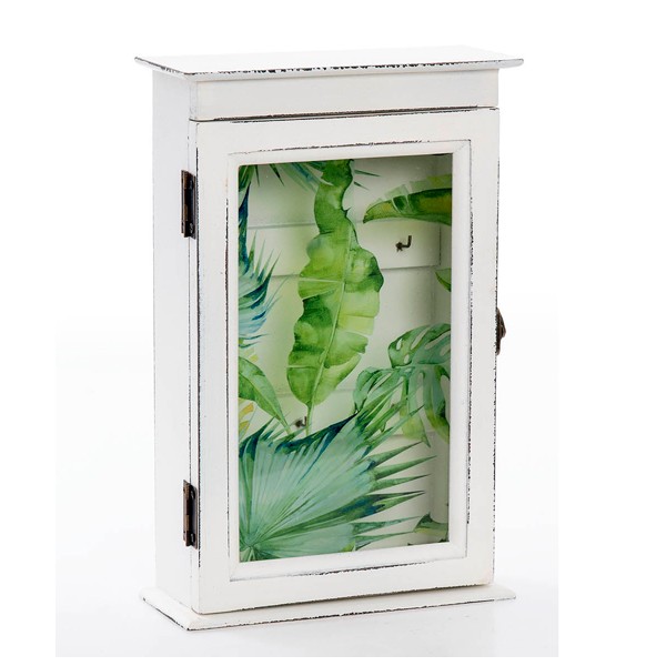 Caja con cuelga llaves con puerta madera blanca hojas palmera y 6 colgadores 20x8x30h cm