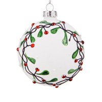 Bola árbol de Navidad cristal blanca con decoración ramas acebo 8cm