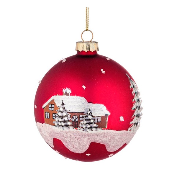 Bola árbol de Navidad cristal roja estampado árboles y casas nevadas 8cm
