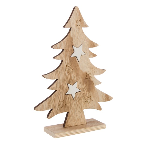 Figura navideña madera forma Pino con estrellas blancas