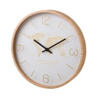 Reloj de pared marco color madera y esfera blanca estampado dorado mundo Ø33 cm