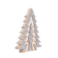 Figura navideña forma Pino en madera natural y piedras plateadas con perlas