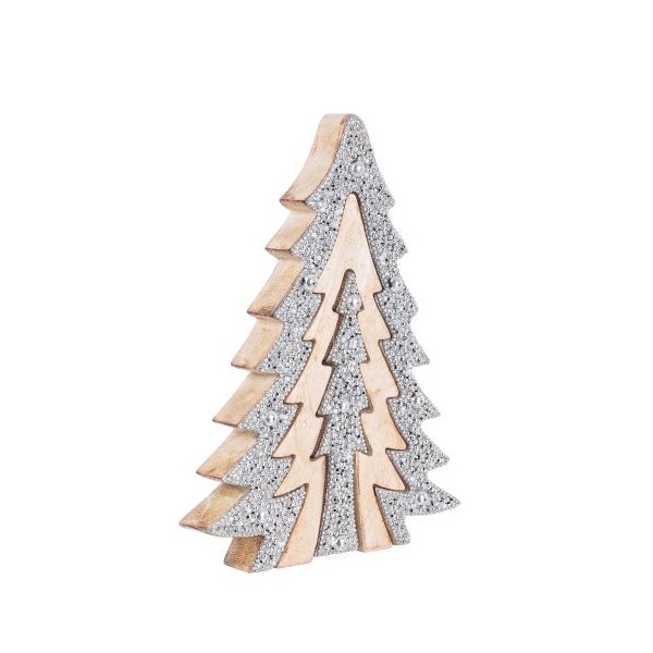 Figura navideña forma Pino en madera natural y piedras plateadas con perlas