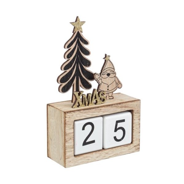 Calendario madera con Papa Noel y Pino Xmas negro y dorado 11,5x4,5x18,5h cm