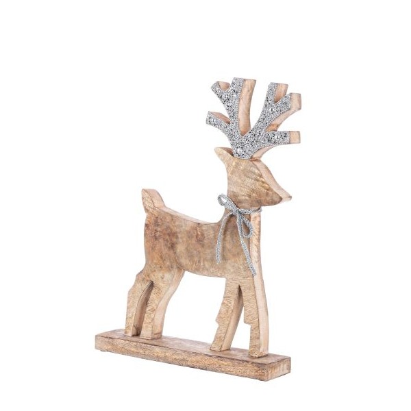 Figura navideña Reno pequeño en madera cuernos plateados