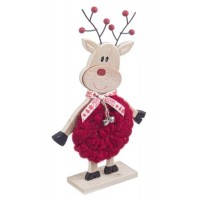 Figura navideña Reno en madera cuerpo lana roja con cascabeles 27h cm