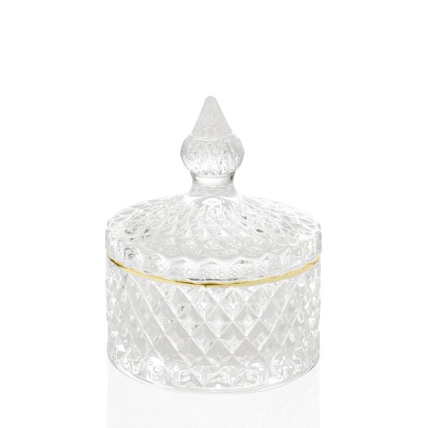 Bombonera cristal tallado relieve con tapa linea dorada Diamond Ø8,5x10h cm