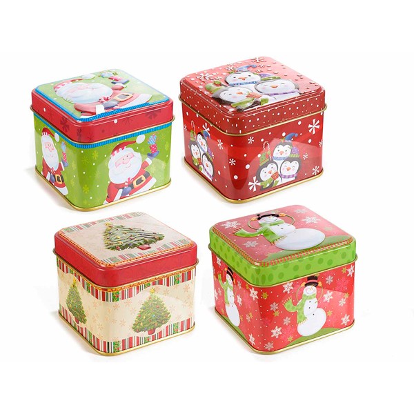 Caja metálica cuadrada pequeña con estampados Navidad 4 modelos colores rojo y verde 8x8x6,5h cm