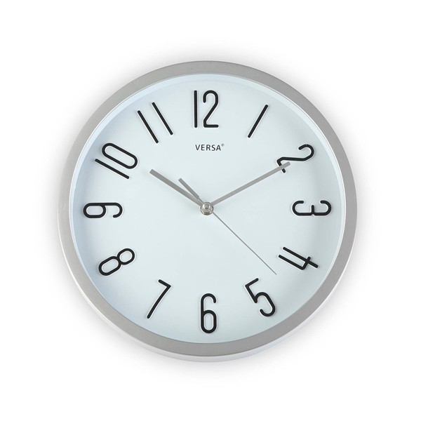 Reloj de pared marco plateado fondo blanco 30cm