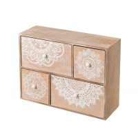 Mueble de sobremesa madera joyero 4 cajones madera y mandalas blancos 30x10x22h cm
