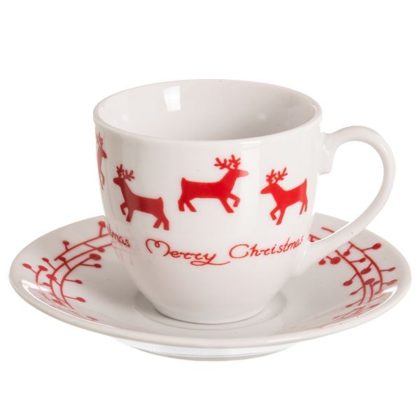 Taza café con plato decoración navideña en blanco y rojo