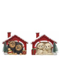 Figura navideña 2 perritos en casita nevada 10,5x7,5x9h cm
